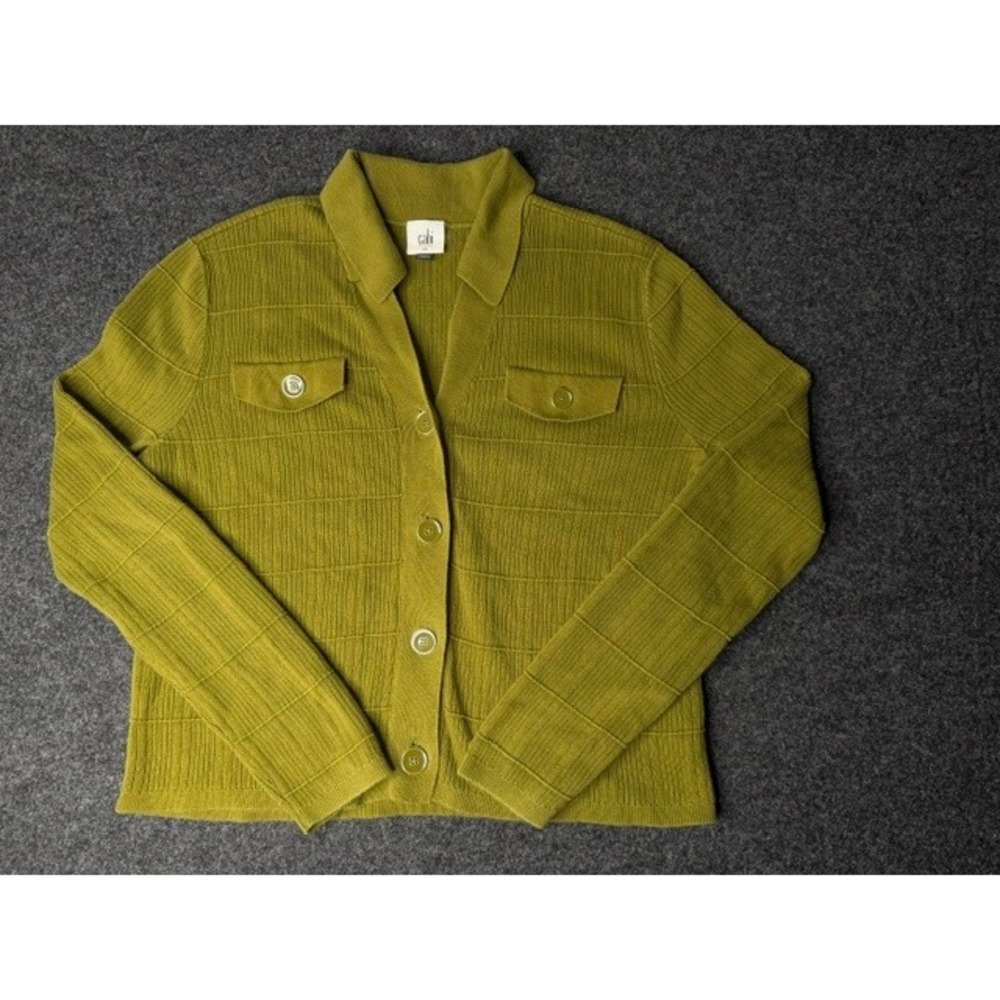 Cabi Chartreuse Green Ribbed Grid Knit Button Front Cardigan Sweater Womens M